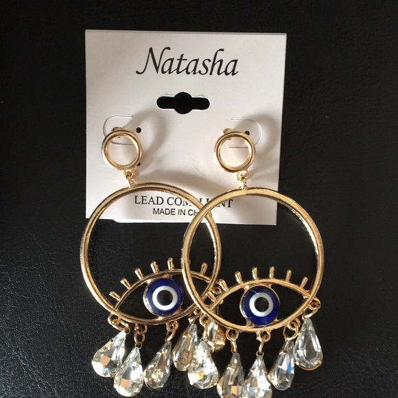 NATASHA GOLD HOOPS WITH EYES AND DANGLING CRYSTALS - Picture 1 of 1